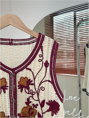 GORGLITTER Women's Embroidered Floral Crochet Vest Button Crop Summer Cowgirl Western Top Rodeo Country Concert Outfits Burgundy Floral Small in Saudi Arabia