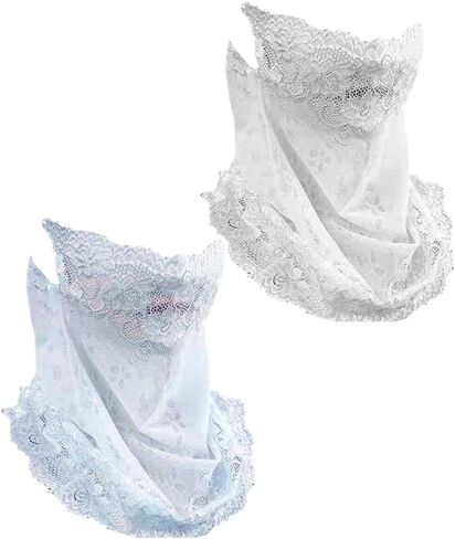 2Pcs Lace Sun Protective Face Cover Women Mesh UV Sun Protection Mask Lightweight Breathable Face Bandana Scarf Neck Gaiter for Summer Outdoor Activities Cycling Running Driving in Kuwait