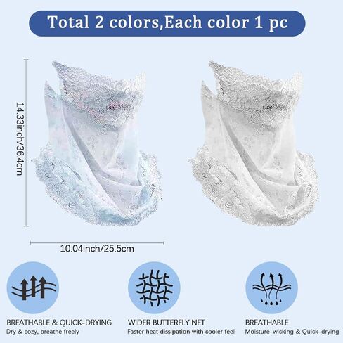2Pcs Lace Sun Protective Face Cover Women Mesh UV Sun Protection Mask Lightweight Breathable Face Bandana Scarf Neck Gaiter for Summer Outdoor Activities Cycling Running Driving in Kuwait