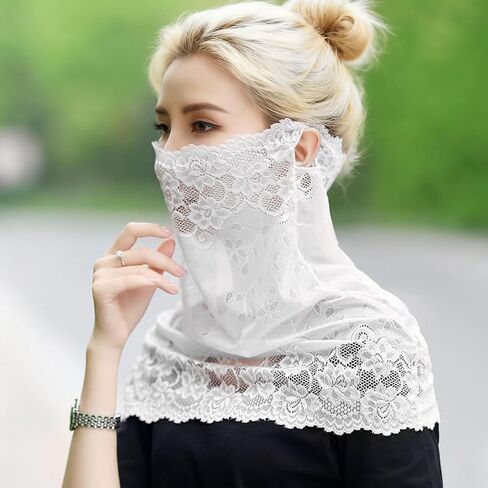 2Pcs Lace Sun Protective Face Cover Women Mesh UV Sun Protection Mask Lightweight Breathable Face Bandana Scarf Neck Gaiter for Summer Outdoor Activities Cycling Running Driving in Kuwait
