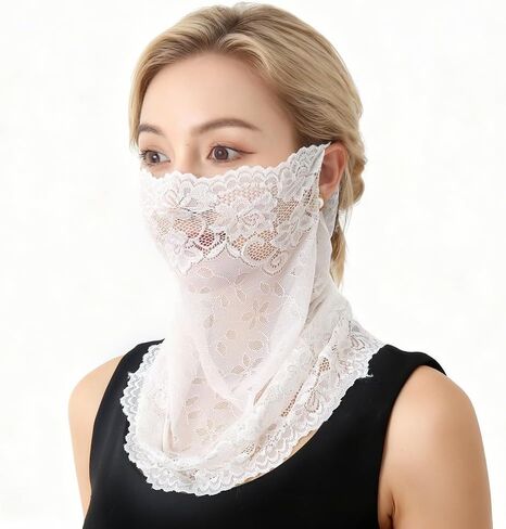 2Pcs Lace Sun Protective Face Cover Women Mesh UV Sun Protection Mask Lightweight Breathable Face Bandana Scarf Neck Gaiter for Summer Outdoor Activities Cycling Running Driving in Kuwait