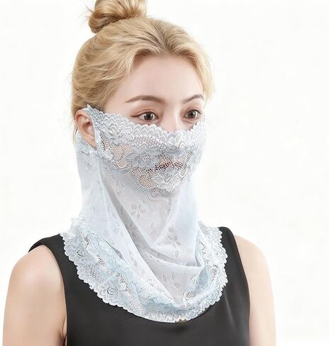 2Pcs Lace Sun Protective Face Cover Women Mesh UV Sun Protection Mask Lightweight Breathable Face Bandana Scarf Neck Gaiter for Summer Outdoor Activities Cycling Running Driving in Kuwait