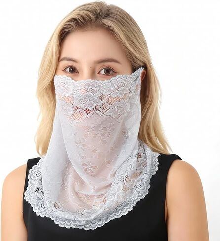 2Pcs Lace Sun Protective Face Cover Women Mesh UV Sun Protection Mask Lightweight Breathable Face Bandana Scarf Neck Gaiter for Summer Outdoor Activities Cycling Running Driving in Kuwait
