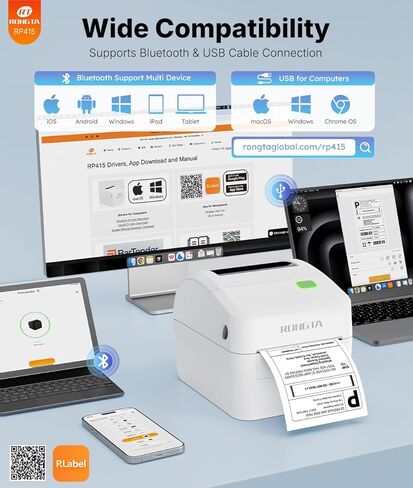Rongta Bluetooth Thermal Shipping Label Printer, Wireless 4x6 Label Sticker Printer for Shipping Packages, Support Android, iPhone, Widely Used for Amazon, Ebay, Shopify, Etsy, UPS, White in Saudi Arabia