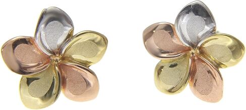 14k solid tricolor gold 13mm Hawaiian plumeria flower stud post earrings in Saudi Arabia