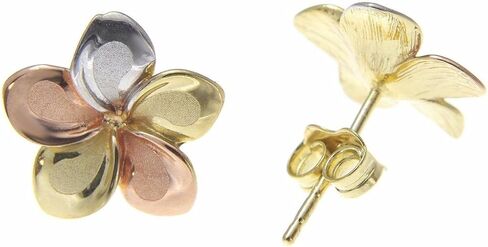 14k solid tricolor gold 13mm Hawaiian plumeria flower stud post earrings in Saudi Arabia