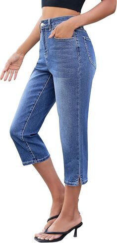 luvamia Capri Jeans for Women Trendy High Waisted Side Slit Casual Relaxed Fit Stretchy Denim Summer Jean Capris Pants in Saudi Arabia
