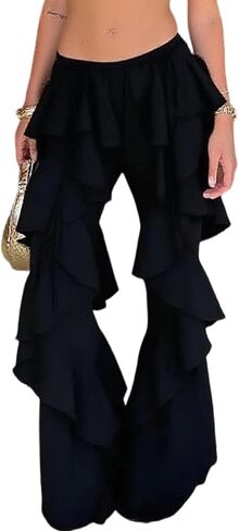 LETSVDO Women Ruffle Chiffon Pants Elastic Waist Wide Leg Flare Mesh Sheer Layered Bell Bottom Palazzo Cowgirl Trousers in Saudi Arabia