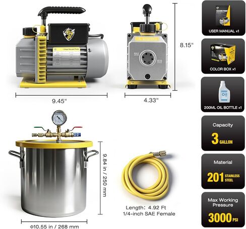 YELLOW JACKET غرفة تفريغ سعة 3 جالون مع طقم مضخة، مضخة تفريغ 3.5 CFM مع غرفة من الفولاذ المقاوم للصدأ، طقم غرفة تفريغ الغاز مع غطاء زجاجي مقسّى، زيت، خرطوم 4.92 قدم، من أجل تفريغ السيليكون الراتنجي in Saudi Arabia