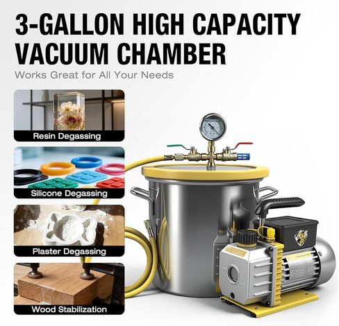 YELLOW JACKET غرفة تفريغ سعة 3 جالون مع طقم مضخة، مضخة تفريغ 3.5 CFM مع غرفة من الفولاذ المقاوم للصدأ، طقم غرفة تفريغ الغاز مع غطاء زجاجي مقسّى، زيت، خرطوم 4.92 قدم، من أجل تفريغ السيليكون الراتنجي in Saudi Arabia