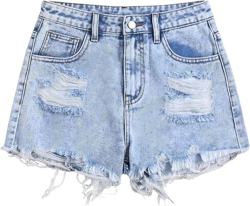 Girls Ripped Jeans Shorts High Waist Raw Hem Straight Leg Denim Shorts 13Y-16Y in Kuwait