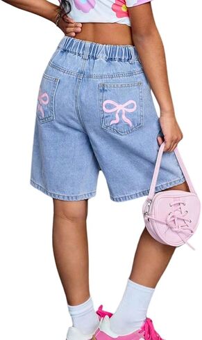 SHENHE Girl's Bow Jean Shorts Wide Leg Elastic Waist Cute Baggy Bermuda Denim Shorts Jorts in Saudi Arabia