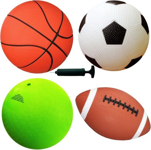 AppleRound Pack of 4 Sports Balls with 1 Pump: 1 Each of 5" Soccer Ball, 5" Basketball, 5" Playground Ball, and 6.5" Football (4 Balls and 1 Pump) in Kuwait