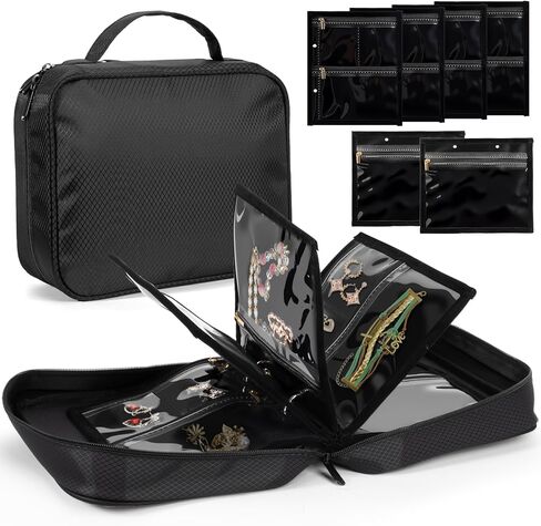 منظمات وتخزين المجوهرات من سانيبو، منظم حقائب المجوهرات مع 28 قطعة من الحقائب المخملية ذات السحاب الشفاف، حقيبة تنظيم المجوهرات للسفر والقلادة والأقراط والخواتم والسوار والساعة in Kuwait
