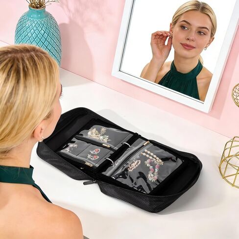 منظمات وتخزين المجوهرات من سانيبو، منظم حقائب المجوهرات مع 28 قطعة من الحقائب المخملية ذات السحاب الشفاف، حقيبة تنظيم المجوهرات للسفر والقلادة والأقراط والخواتم والسوار والساعة in Kuwait