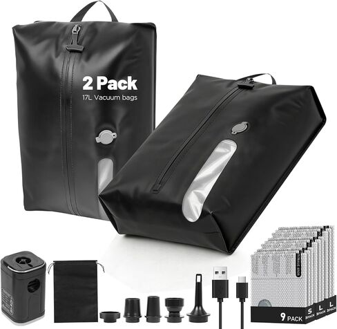 11-Pack Travel Vacuum Bags with Pump, 2×17L TPU IP67 Waterproof Vacuum Seal Bags + 9 PA&PE Compression Bags (S/M/L) for Carry-On, Light Travel, Backpacks & Home Storage in Saudi Arabia