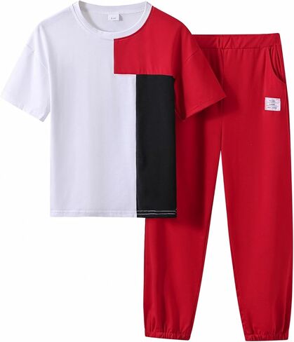 Kids Tween Boy Summer Casual Clothing Set Color-Block Patchwork T-Shirt + Matching Cuffed Pants 2-Piece Set in Kuwait