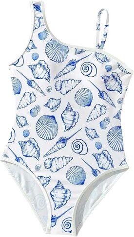 Milumia Girl's One Piece Swimsuits Seashell Print Asymmetrical Neck Bathing Suits Beachwear in Saudi Arabia