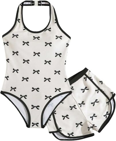 بدلة سباحة للفتيات من قطعة واحدة من SHENHE مع شورت مغطى بطباعة فيونكة ورسن ملابس سباحة in Kuwait