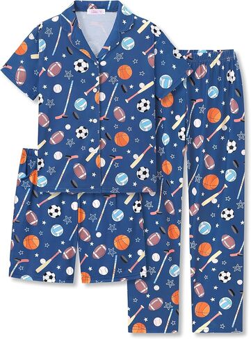 بيجامة تي شيرت ناعمة للأولاد مكونة من 3 قطع من Tebbis - بيجامة ناعمة مطبوعة بوحدات تحكم الألعاب باللون الأسود مقاس 6-18 in Kuwait