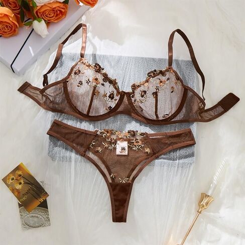 Sexy Embroidered Mesh Lingerie Set for Women, Underwire Floral Lace Bra and Thong 2 Piece Set, Coffee Brown in Saudi Arabia