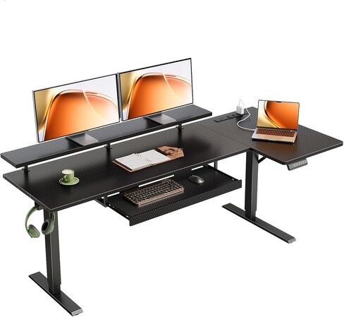 مكتب كهربائي قائم على شكل حرف L مقاس 55 بوصة من OffiGo مع صينية لوحة المفاتيح، مكتب كمبيوتر زاوية قابل للتعديل بارتفاع قابل للعكس مع حامل شاشة، طاولة رفع للجلوس للمنزل والمكتب وألياف الكربون باللون الأسود in Kuwait
