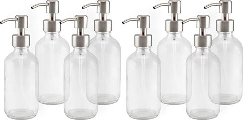 8-Ounce Clear Glass Boston Round Bottles w/Stainless Steel Lotion Pumps (4-Pack); Empty Refillable Liquid Soap & Lotion Bottles in Saudi Arabia