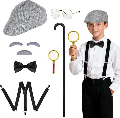 7Pcs Grandpa Old Man Costume Kit - Hat, Glasses, Cane, Bow Tie, Suspenders, Magnifying Glass, Gray Mustache and Eyebrows in Saudi Arabia