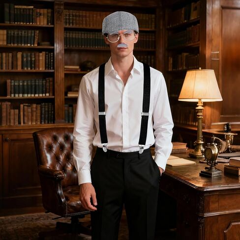 7Pcs Grandpa Old Man Costume Kit - Hat, Glasses, Cane, Bow Tie, Suspenders, Magnifying Glass, Gray Mustache and Eyebrows in Saudi Arabia
