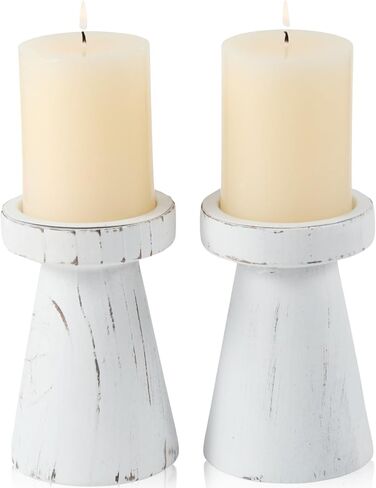 Acacia Wood Candle Holders for Pillar Candles, Set of 2 Vintage Rustic Tall Modern Farmhouse Decor, Decorative Wooden Candlestick Stand for Fireplace Mantel, Table Centerpiece in Saudi Arabia