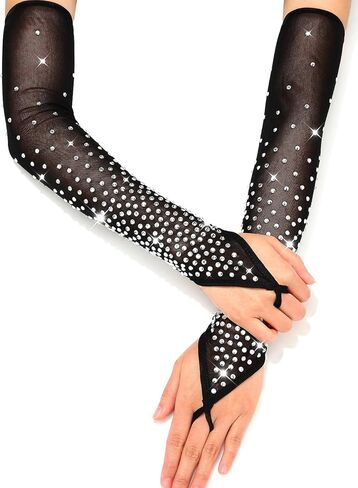 REETAN Rhinestone Fingerless Sheer Gloves Long Sparkly Gloves for Women in Saudi Arabia