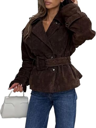 Suede Jacket for Women Long Sleeve Belt Collar Brown Jackets Fall Winter Faux Suede Vintage Coat in Saudi Arabia