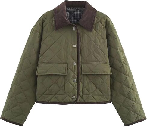 Women's Casual Corduroy Quilted Turn-Down Collar Long Sleeve Short Cotton Jackets in Saudi Arabia