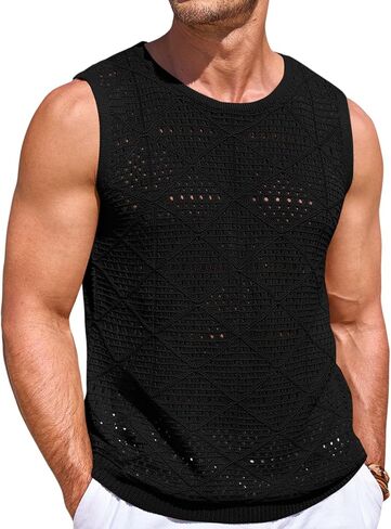 Runcati Mens Knitted Tank Tops Casual Sleeveless Hollow Out Crochet T-Shirts Muscle Summer Beach Hippie Shirts in Saudi Arabia