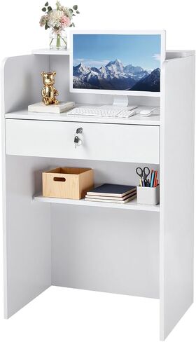 VEVOR Reception Desk, 23.6 inch Rectangular Front Counter Table, Modern Office Reception Desk with Drawer, Small Minimalist Retail Counter Table for Checkout, Lobby, Beauty Salon and Office, White in Saudi Arabia