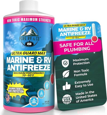 Ultra Guard Max RV Antifreeze -50°F | Non-Toxic Pink Marine Antifreeze | Potable Water Safe Glycerin Formula | Camper, Boat, Pool Winterizing Fluid | Made in USA, 32oz Bottle in Saudi Arabia