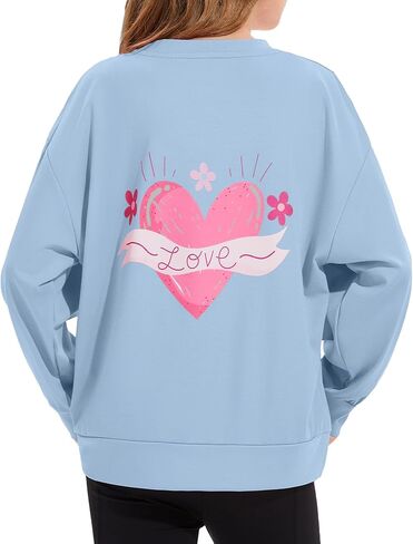 قمصان الفتيات طويلة الأكمام عادية فضفاضة طباعة القلب Crewneck لطيف البلوز القمم in Saudi Arabia