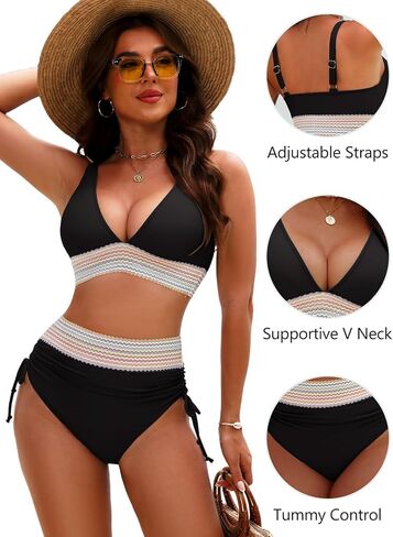 Women High Waisted Bikini Sets Tummy Control Swimsuits Color Block Two Piece Drawstring Bathing Suit Black L in Kuwait