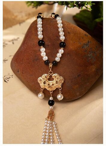 Ink Wash Style Black Yingluo Palace Bell Sweater Chain, Peace Lock Choker, Hanfu Ma Mian Skirt Accessory, Traditional Chinese Accessories in Saudi Arabia