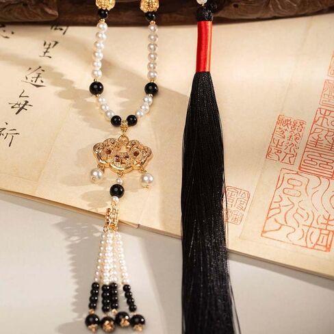 Ink Wash Style Black Yingluo Palace Bell Sweater Chain, Peace Lock Choker, Hanfu Ma Mian Skirt Accessory, Traditional Chinese Accessories in Saudi Arabia