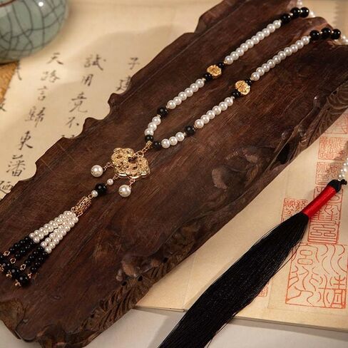 Ink Wash Style Black Yingluo Palace Bell Sweater Chain, Peace Lock Choker, Hanfu Ma Mian Skirt Accessory, Traditional Chinese Accessories in Saudi Arabia