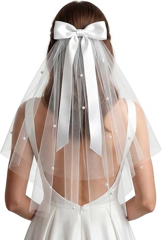 Bride Veil, 22.4 Inch Short White Bachelorette Veil With Bow & Pearls - Elegant Tulle Comb Hold, Bridal Bridesmaid Gift for Women and Girls in Saudi Arabia