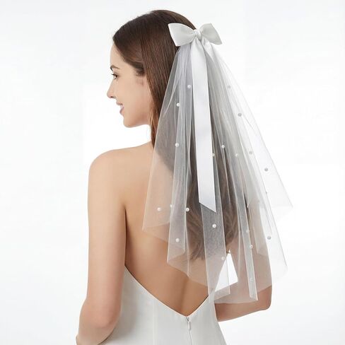 Bride Veil, 22.4 Inch Short White Bachelorette Veil With Bow & Pearls - Elegant Tulle Comb Hold, Bridal Bridesmaid Gift for Women and Girls in Saudi Arabia