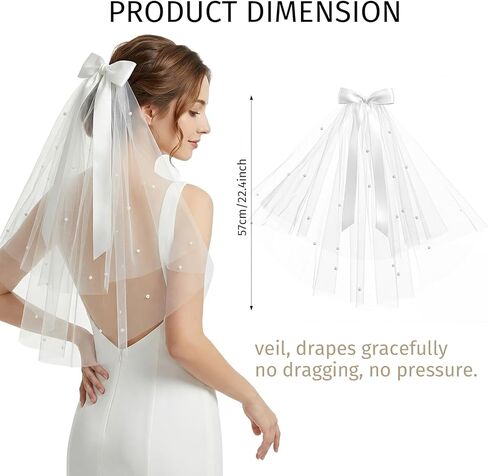 Bride Veil, 22.4 Inch Short White Bachelorette Veil With Bow & Pearls - Elegant Tulle Comb Hold, Bridal Bridesmaid Gift for Women and Girls in Saudi Arabia