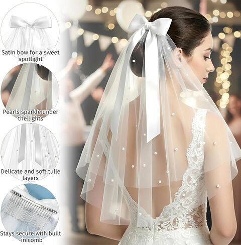 Bride Veil, 22.4 Inch Short White Bachelorette Veil With Bow & Pearls - Elegant Tulle Comb Hold, Bridal Bridesmaid Gift for Women and Girls in Saudi Arabia