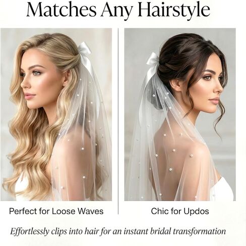Bride Veil, 22.4 Inch Short White Bachelorette Veil With Bow & Pearls - Elegant Tulle Comb Hold, Bridal Bridesmaid Gift for Women and Girls in Saudi Arabia