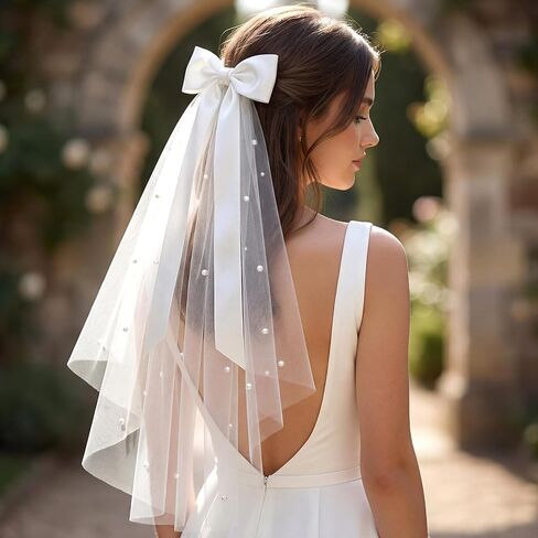Bride Veil, 22.4 Inch Short White Bachelorette Veil With Bow & Pearls - Elegant Tulle Comb Hold, Bridal Bridesmaid Gift for Women and Girls in Saudi Arabia