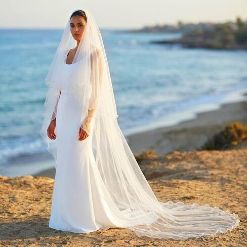 طرحة زفاف كاتدرائية Unsutuo من طبقتين، حجاب زفاف بحافة شريطية للنساء والفتيات in Kuwait