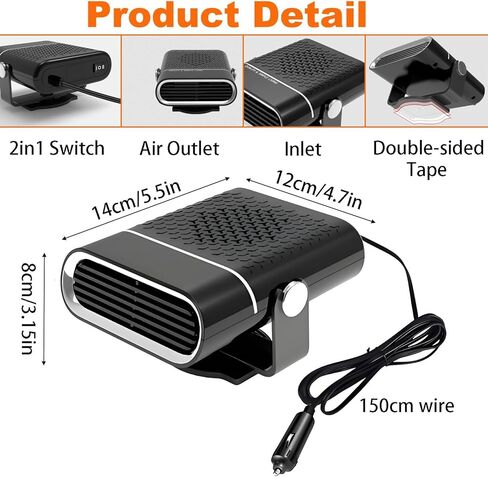 Portable Car Heater,150W Fast Heating & Cooling Fan,12V Car Heater that Plugs into Cigarette Lighter,360° Rotatable Portable Car Heaters for Vehicle,Jeep,RV,SUV (Black) in Kuwait