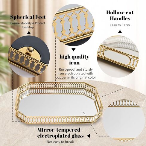 Vintage Gold Mirrored Vanity Mirror Tray Decorative Perfume and Makeup Organizer with Handles for Dresser,Bathroom or Jewelry Display, Decor Home Large Size in Saudi Arabia
